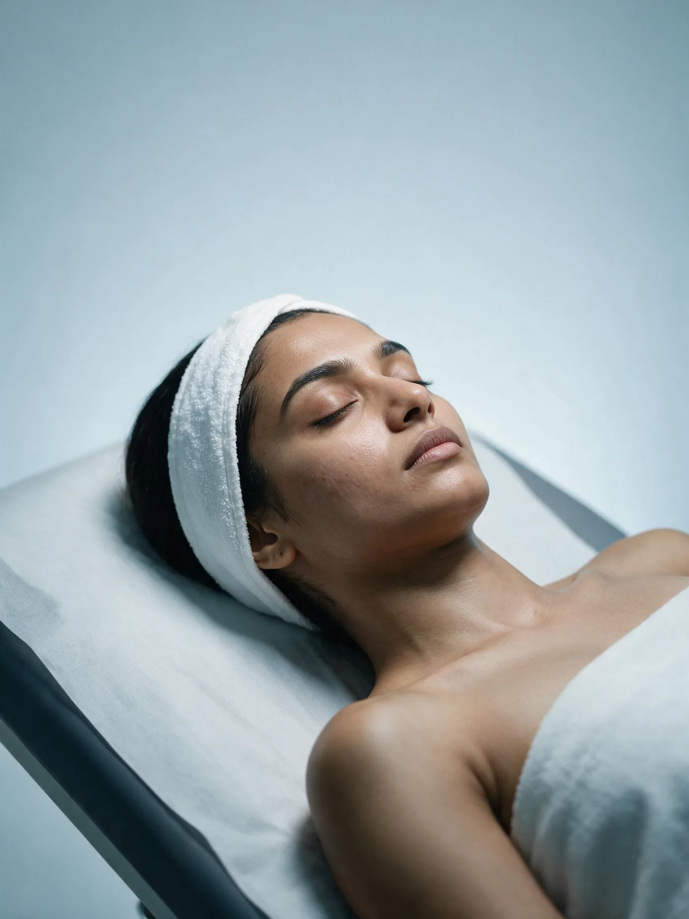 A patient resting comfortably on a treatment couch during a procedure