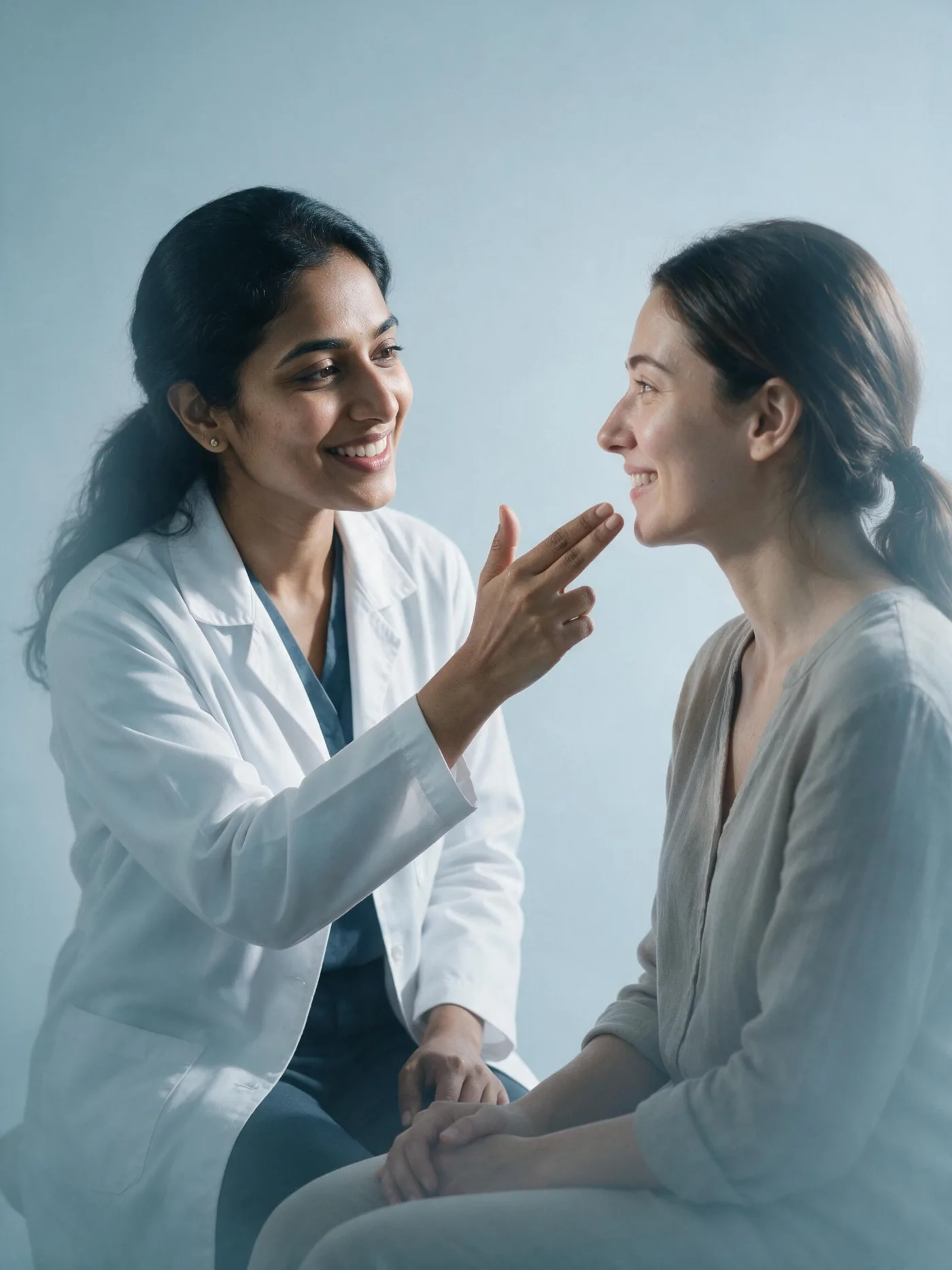 Dr. Sanjana discussing an aesthetic treatment plan with a client in consultation