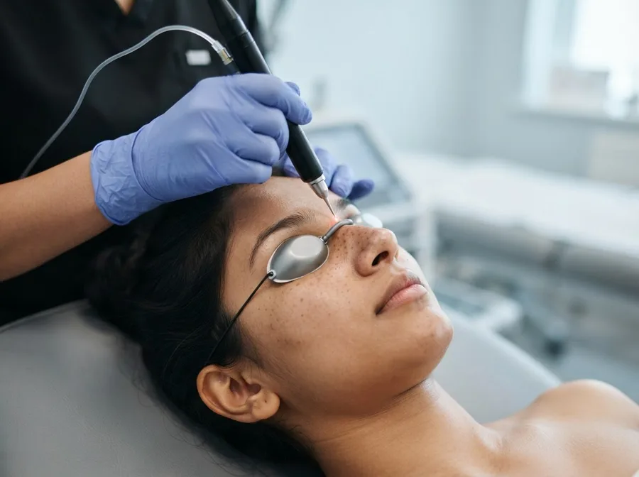 A Q-switched laser positioned over freckles across the nose bridge