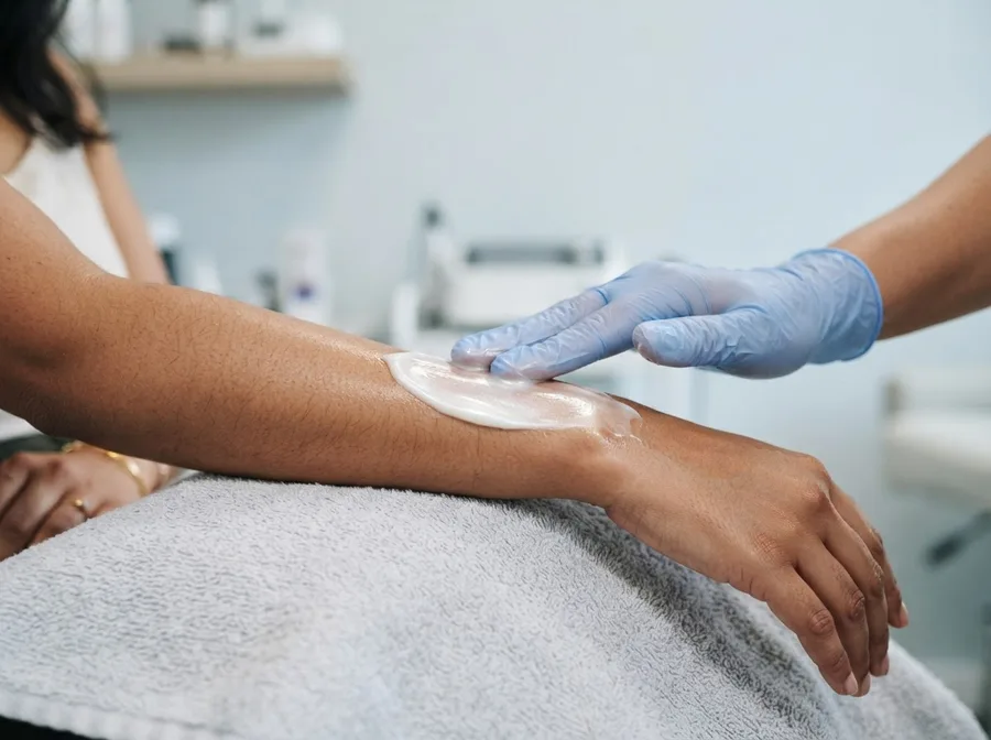 A pearlescent brightening serum being smoothed along a forearm