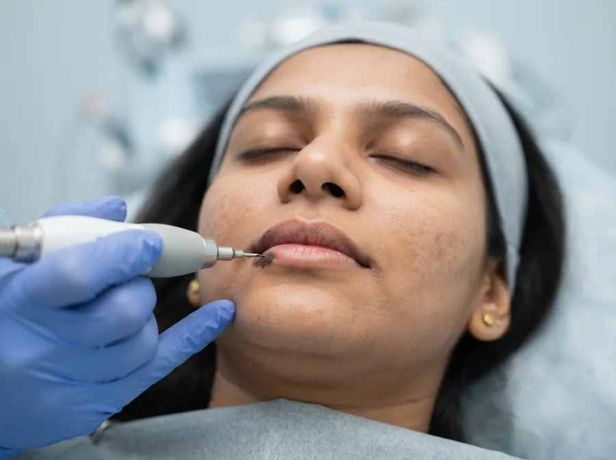 A small laser handpiece treating pigmentation at the lip border