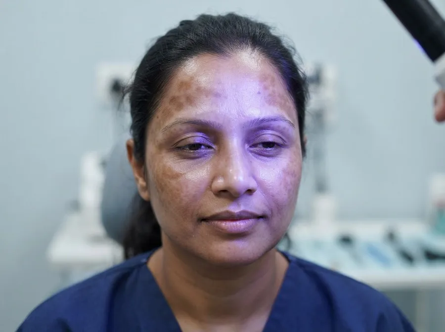 Wood's lamp examination revealing symmetrical melasma across the cheeks