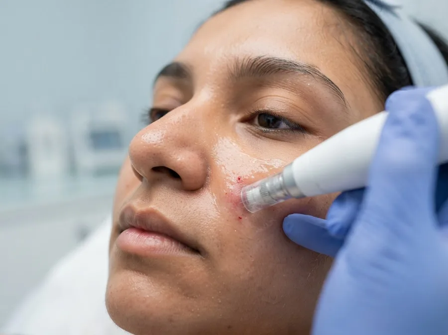 A microneedling pen treating visibly enlarged pores across the nose and cheek