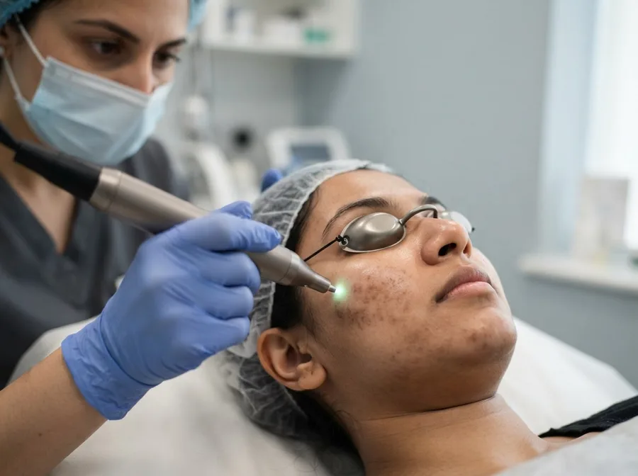 A laser toning handpiece gliding across a pigmented cheek