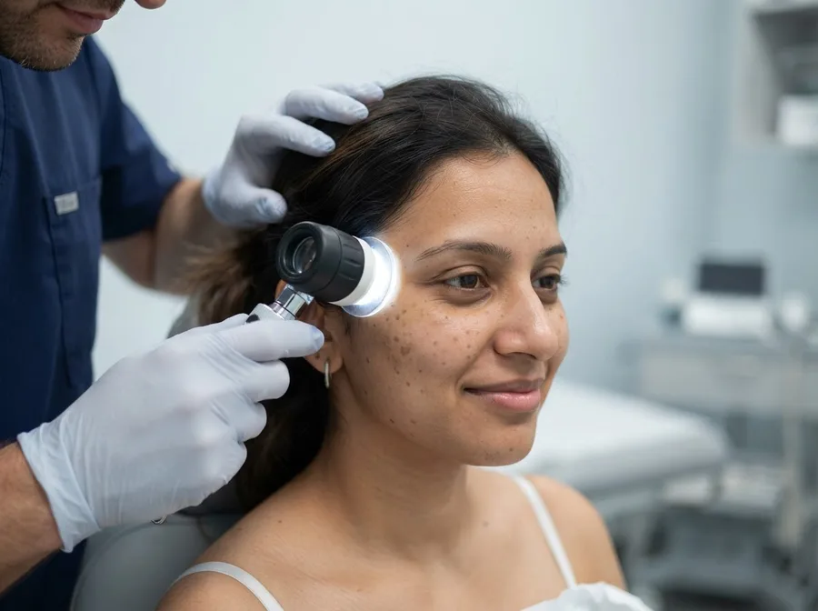 A dermatoscope examining brown sun spots across a patient's temple and cheek