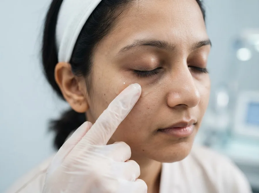 An under-eye treatment serum being patted beneath a closed eye