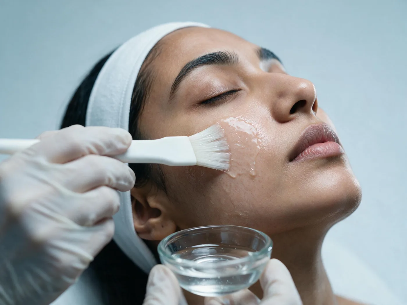 A gloved hand fanning a clear chemical peel solution across a patient's cheek with a flat brush