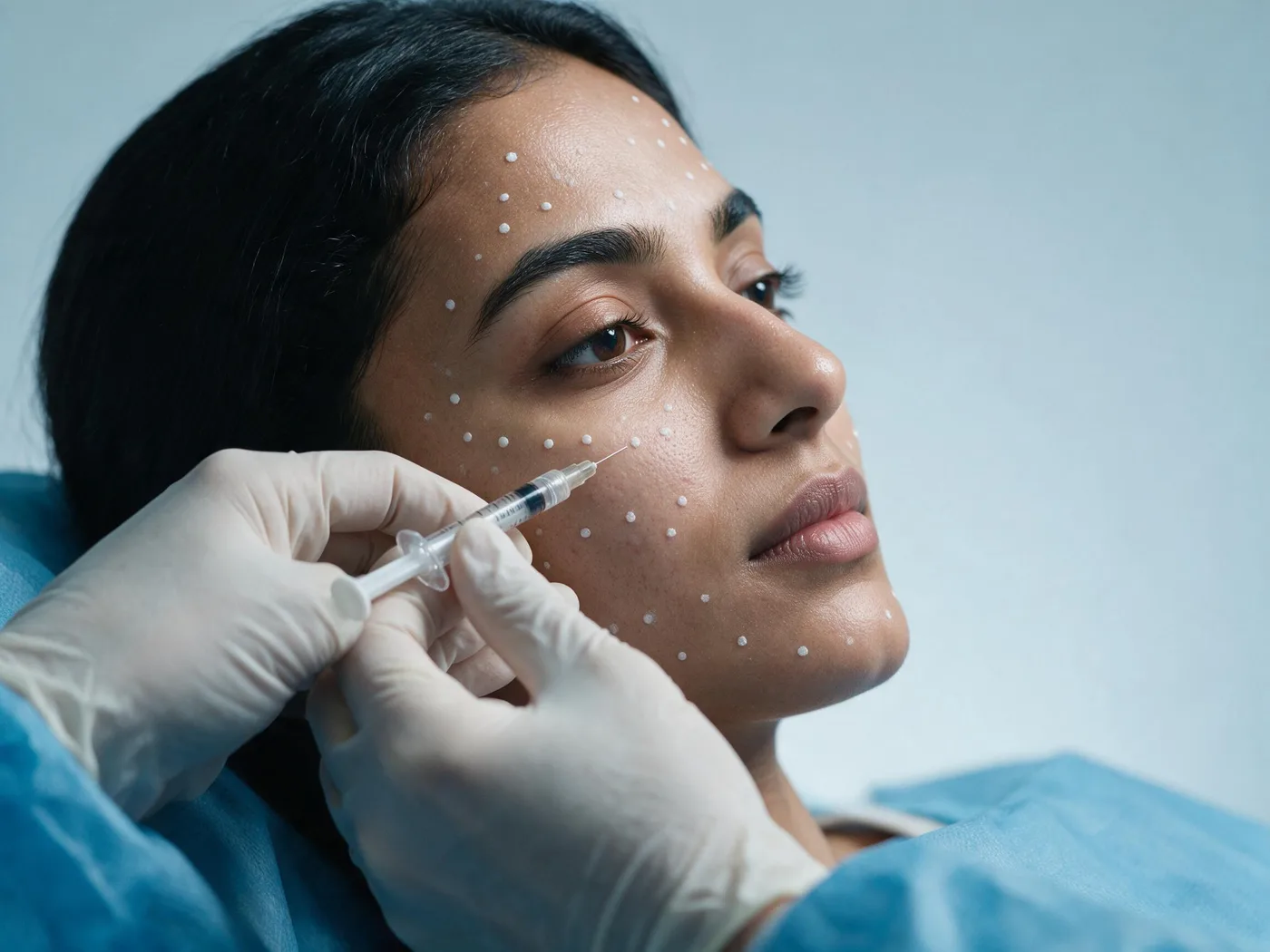 A dermatologist holding a fine dermal filler syringe near a patient's mapped cheekbone