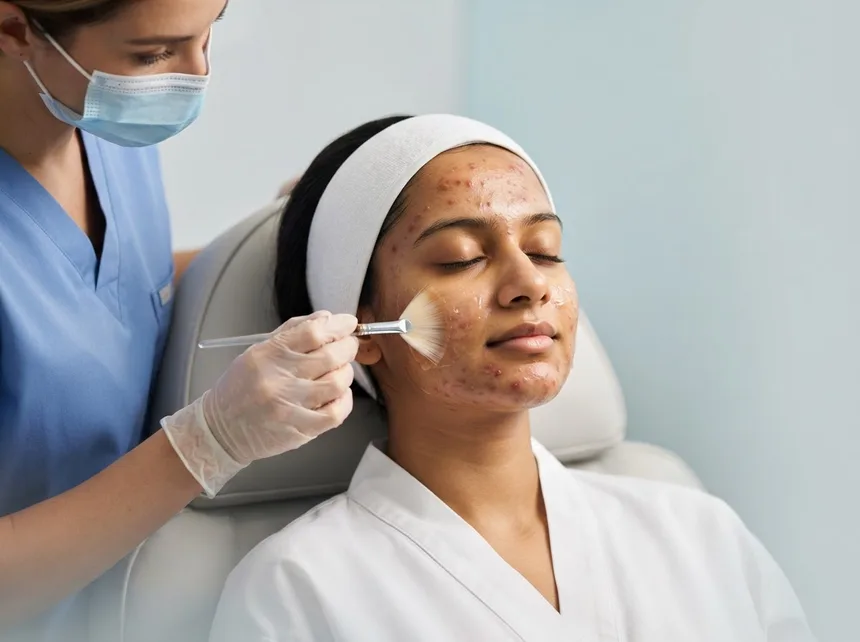 A dermatologist brushing a salicylic peel across the face of a patient being treated for acne