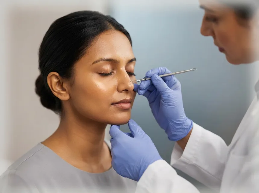 A steel comedone extractor clearing blackheads from the nose and cheek
