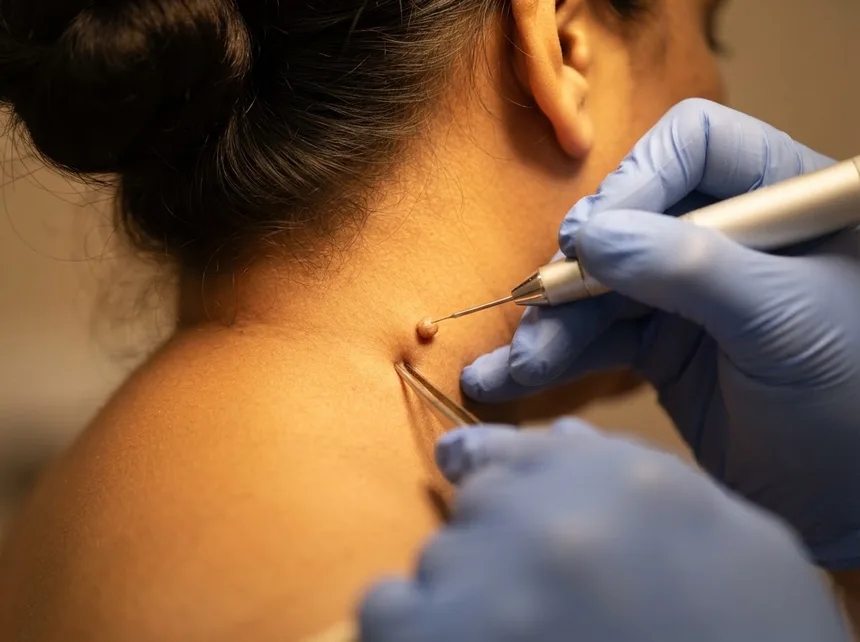 A radiofrequency electrode positioned at a small skin tag on the neck
