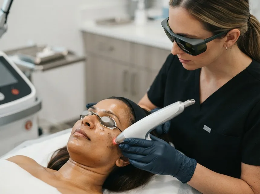 A laser toning handpiece gliding across pigmented cheek skin