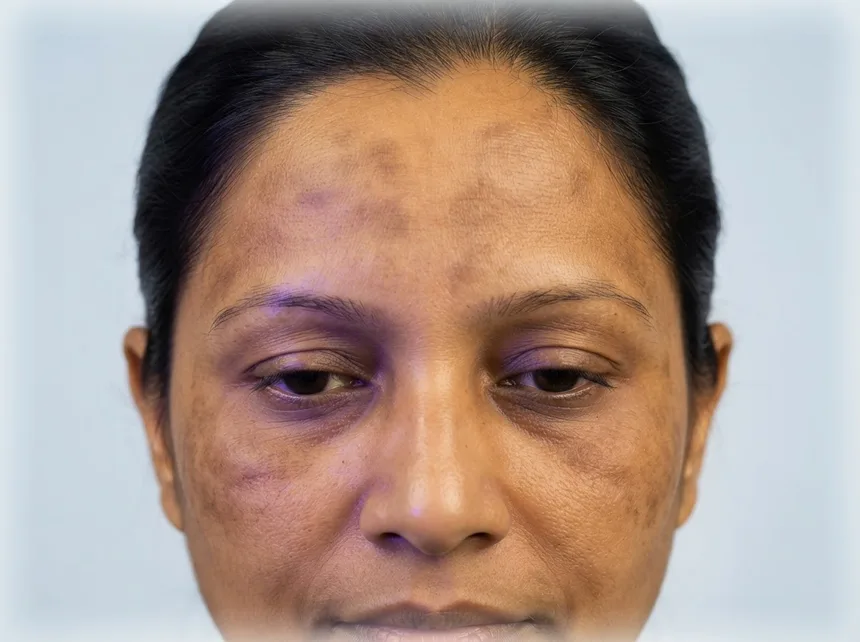 Symmetrical melasma patches on the forehead and cheeks under a Wood's lamp