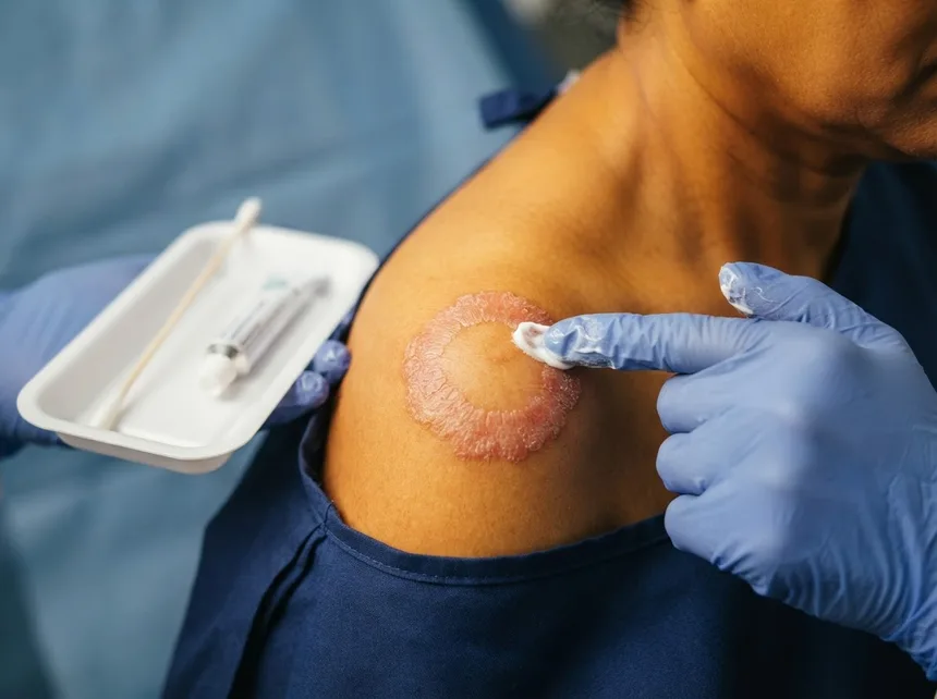 Antifungal medication being applied to a ring-shaped rash on a shoulder