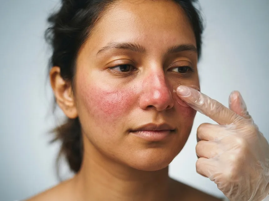 A soothing gel applied to cheeks showing the flushed redness of rosacea