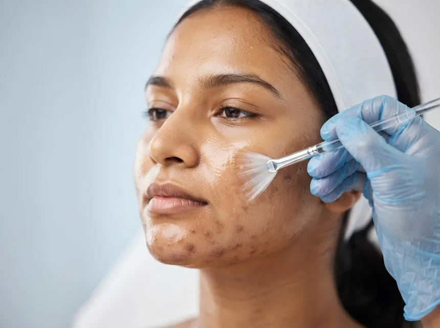 A chemical peel being brushed onto the cheek of a patient with acne