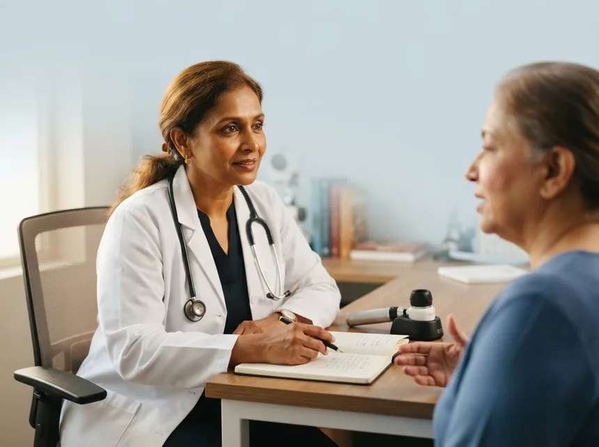 A dermatologist listening attentively to a patient in consultation