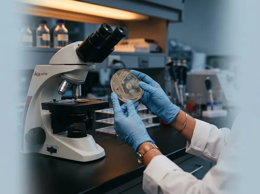 A clinician examining a skin culture plate beside a microscope