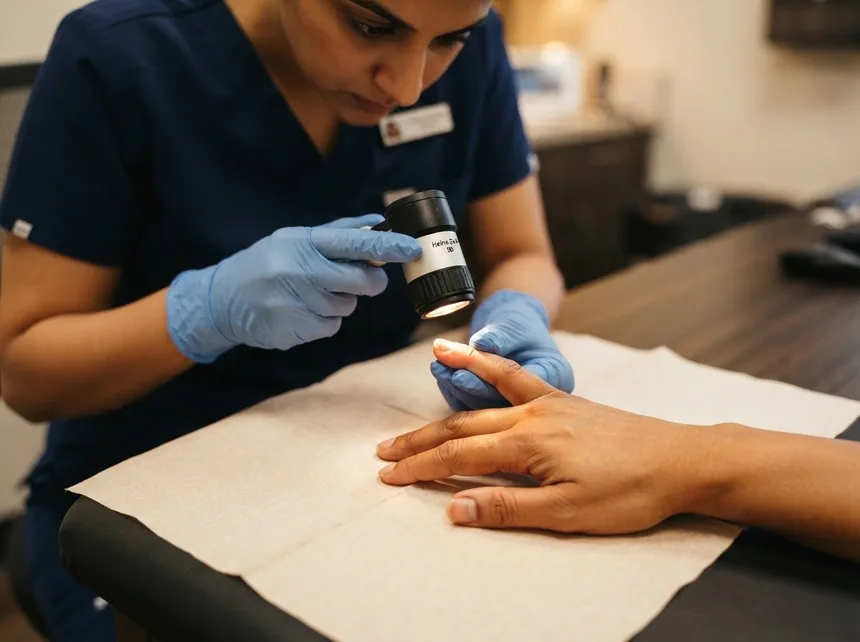 Fingernails being examined through a dermatoscope for infection