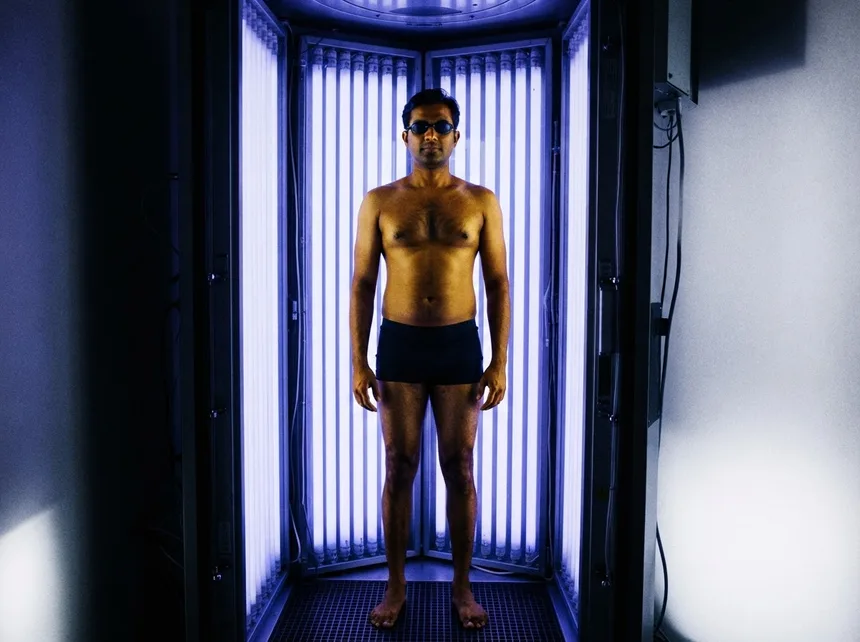 A patient standing inside a narrowband UVB phototherapy cabin