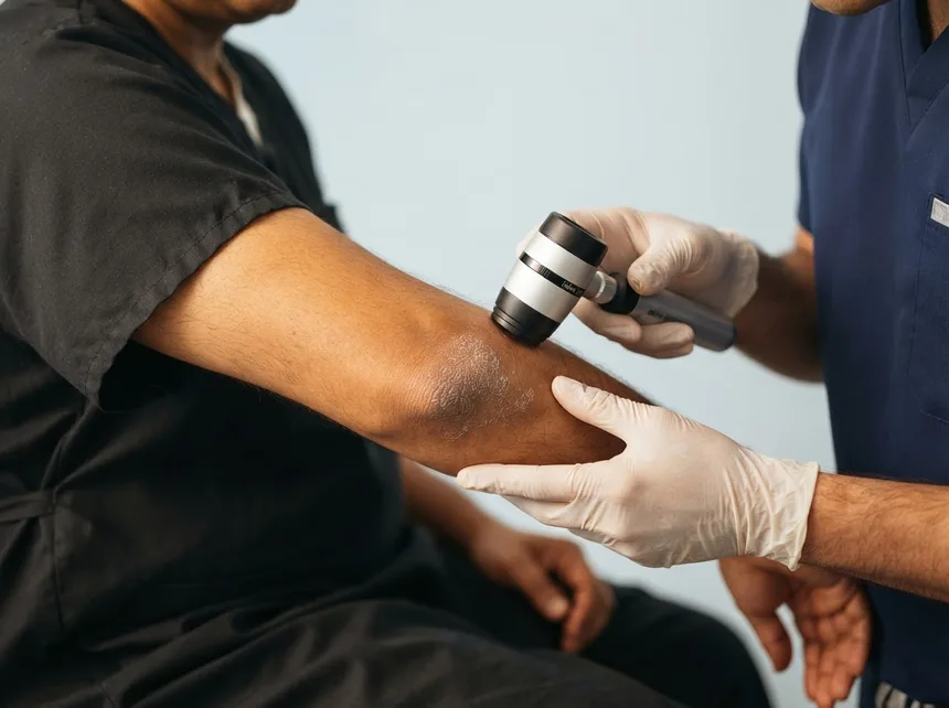 A dermatologist examining a scaly psoriasis plaque on an elbow