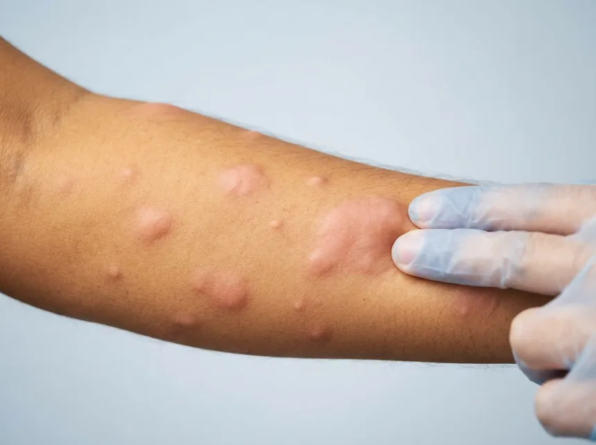 Raised urticaria welts on a forearm being checked by a clinician