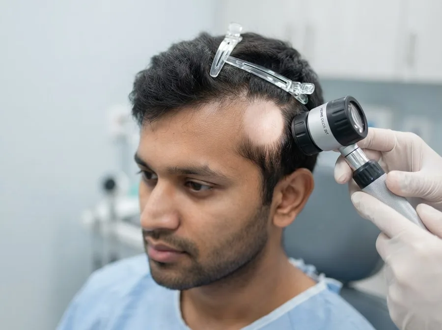 A smooth round patch of hair loss being examined through a dermatoscope