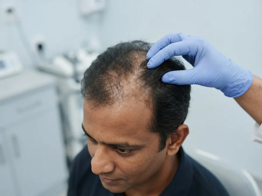 A receding hairline and thinning crown being assessed by a dermatologist