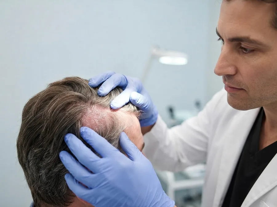 An irritated, reddened area of scalp being examined under an examination light
