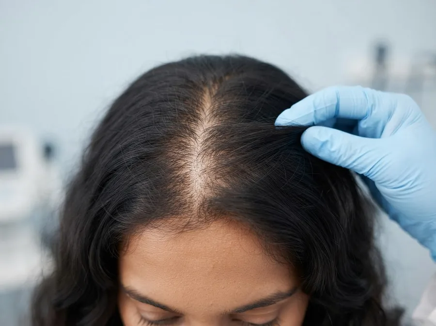 A centre parting showing fine, sparse hair with visible scalp