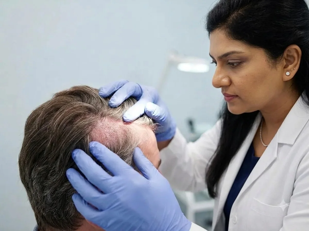 Dr. Sanjana Shivashankar examining a flaky scalp for dandruff treatment at Theory of Skin, Indiranagar, Bangalore