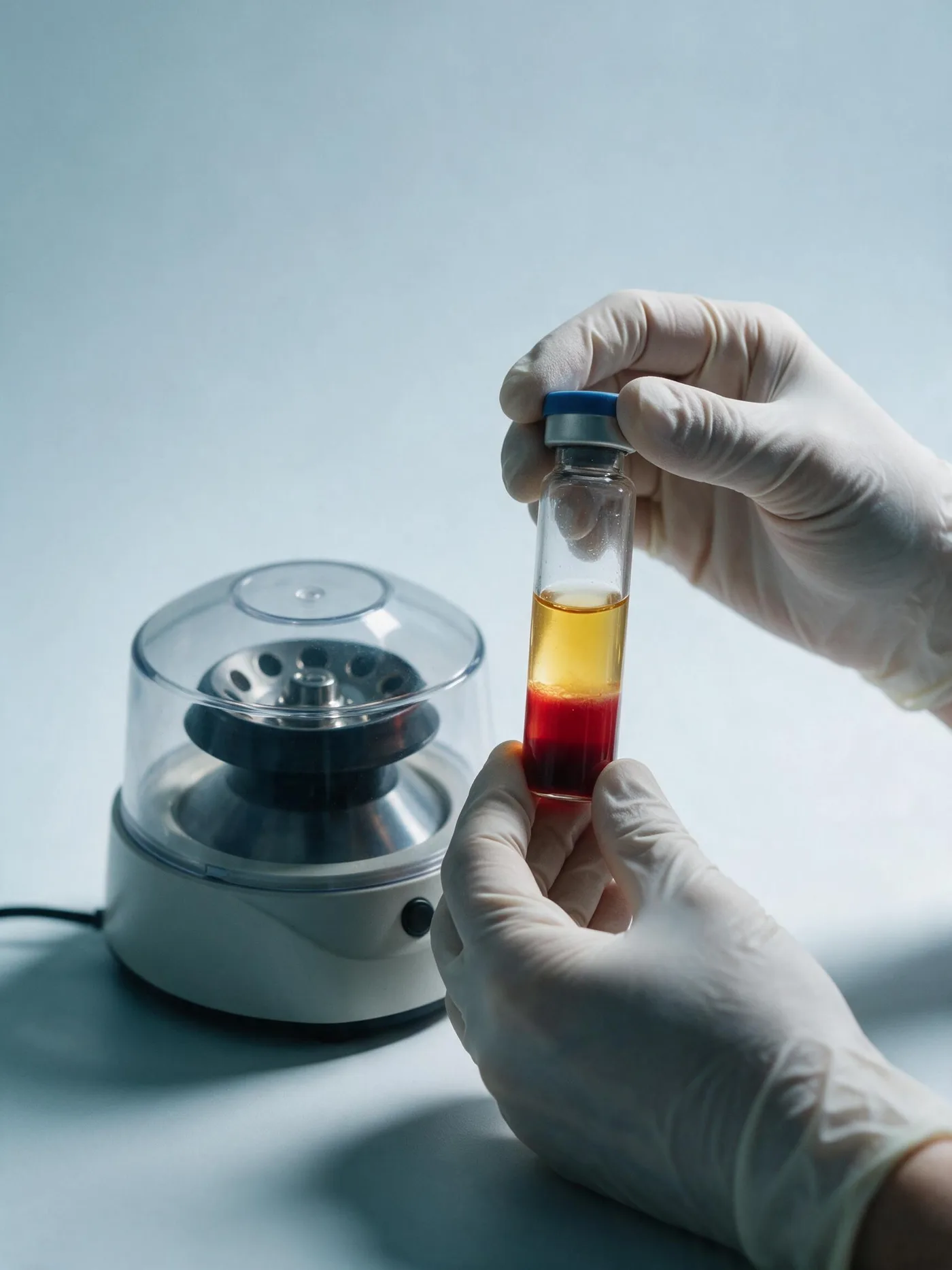 A vial of separated platelet-rich plasma held beside a medical centrifuge