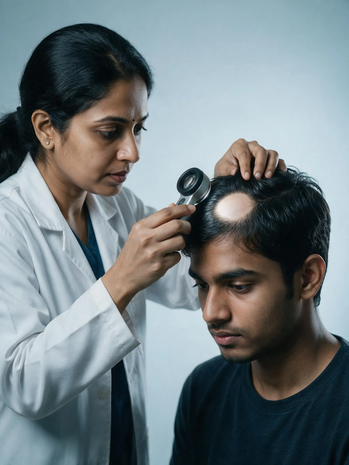 A dermatologist examining a patch of hair loss on a patient's scalp with a dermatoscope