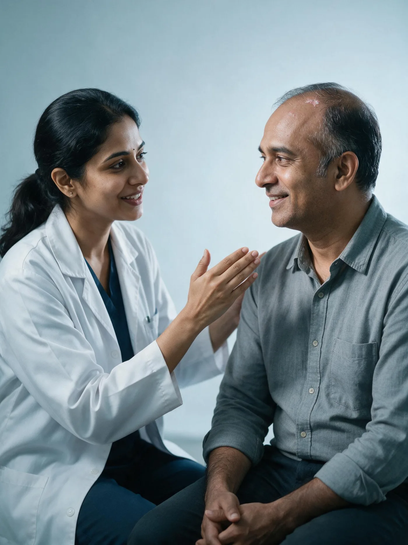 Dr. Sanjana explaining a scalp assessment to a patient in consultation