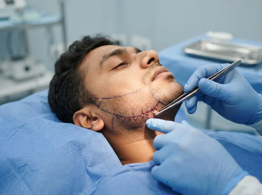 Fine forceps placing individual hair grafts along a patient's jawline