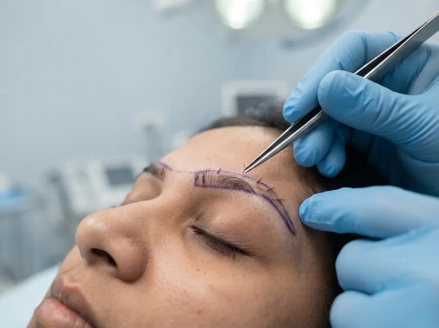 Fine forceps placing hair grafts along a marked eyebrow outline