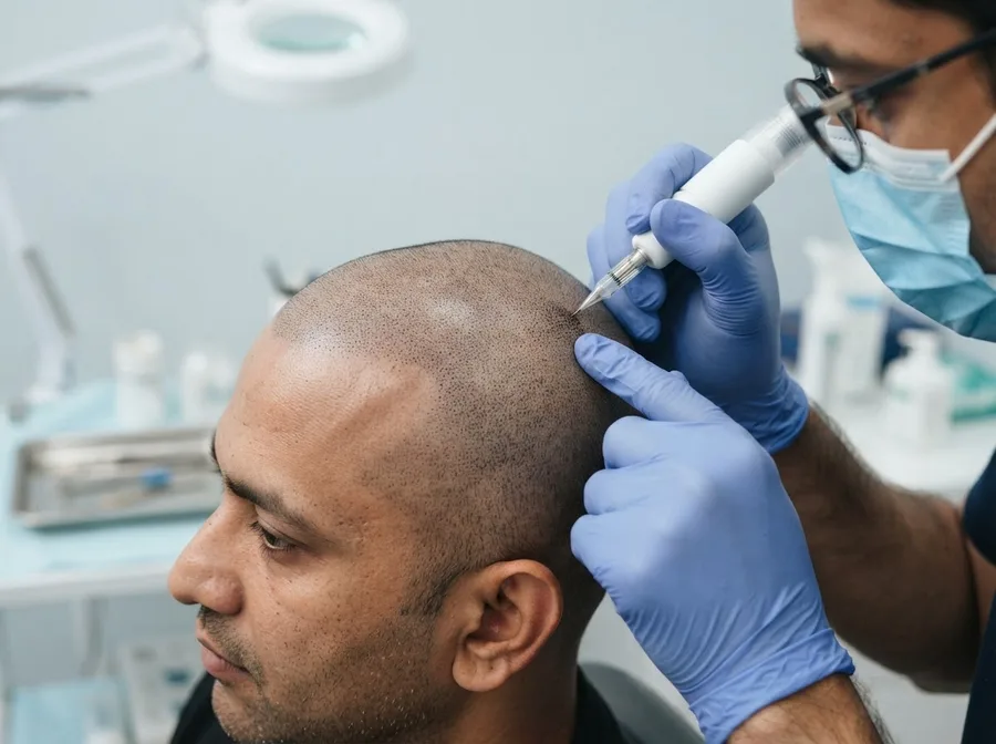 Micropigmentation needle depositing follicle-like dots across a shaved scalp