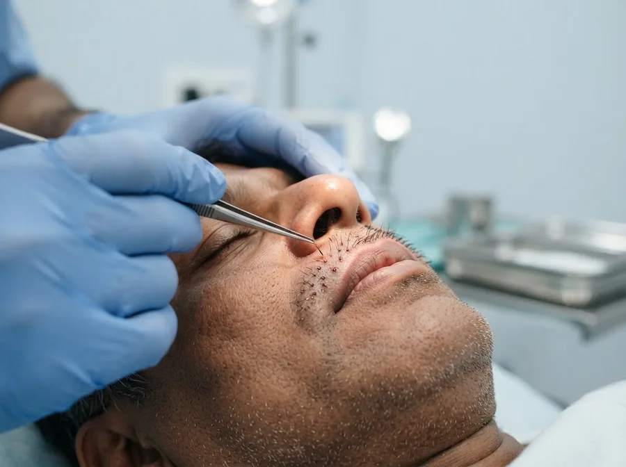 Individual hair grafts being placed in the moustache area above the upper lip