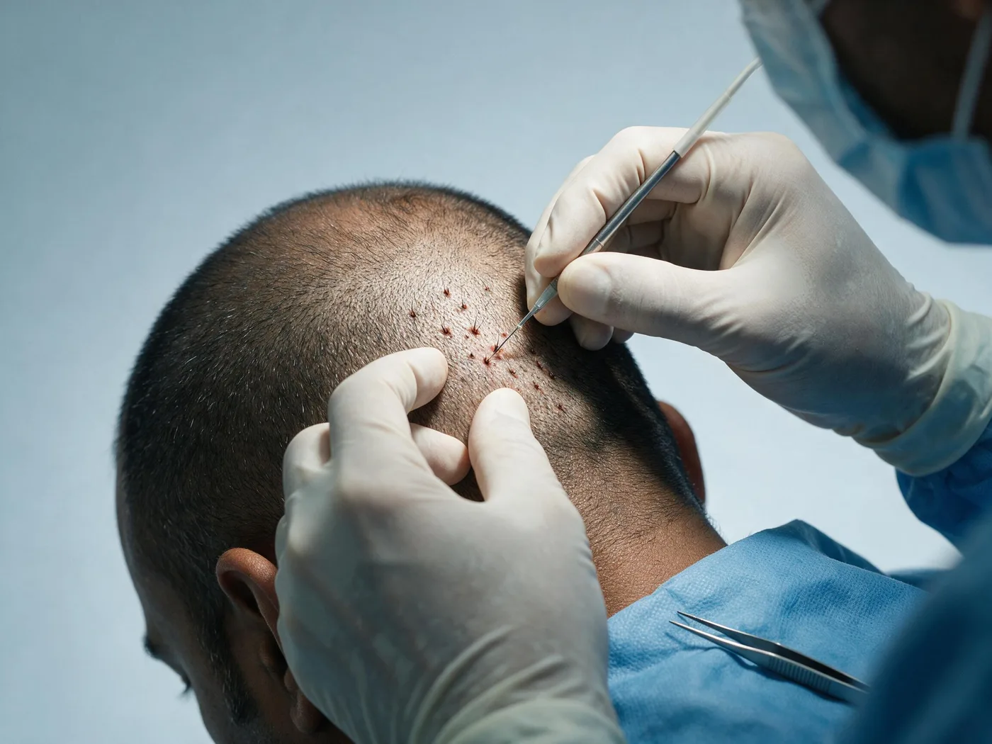 A surgeon extracting individual follicular units from the donor area with a micro-punch