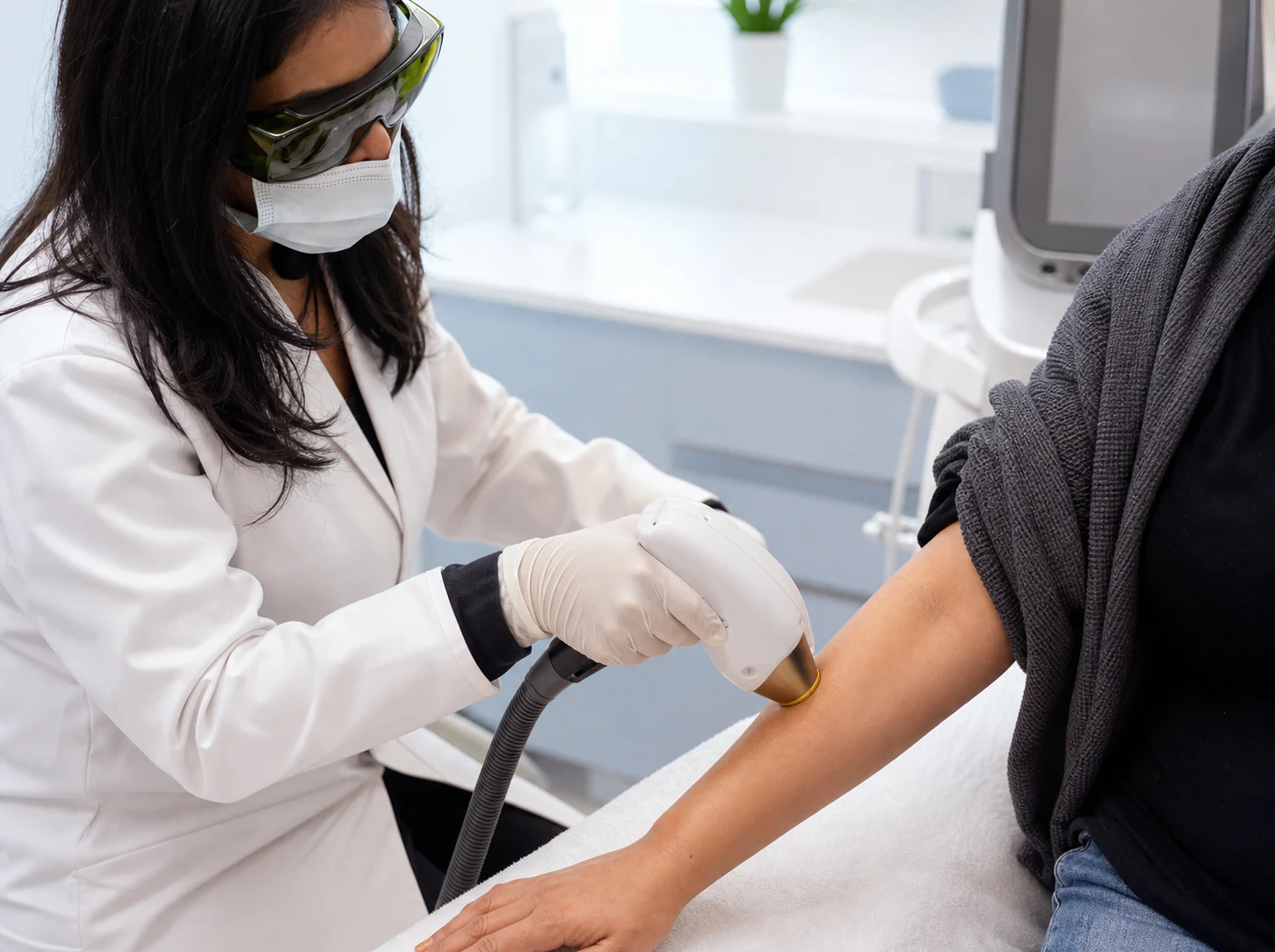 Laser hair reduction being performed on a patient's forearm