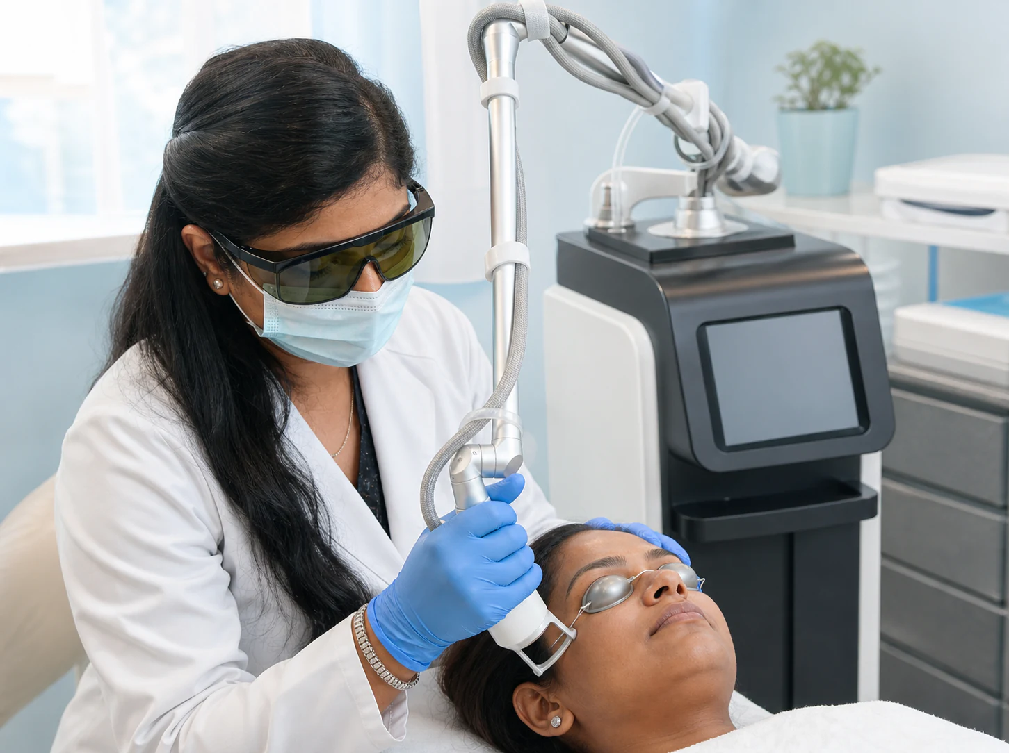 Dermatologist performing a facial laser procedure with protective eyewear