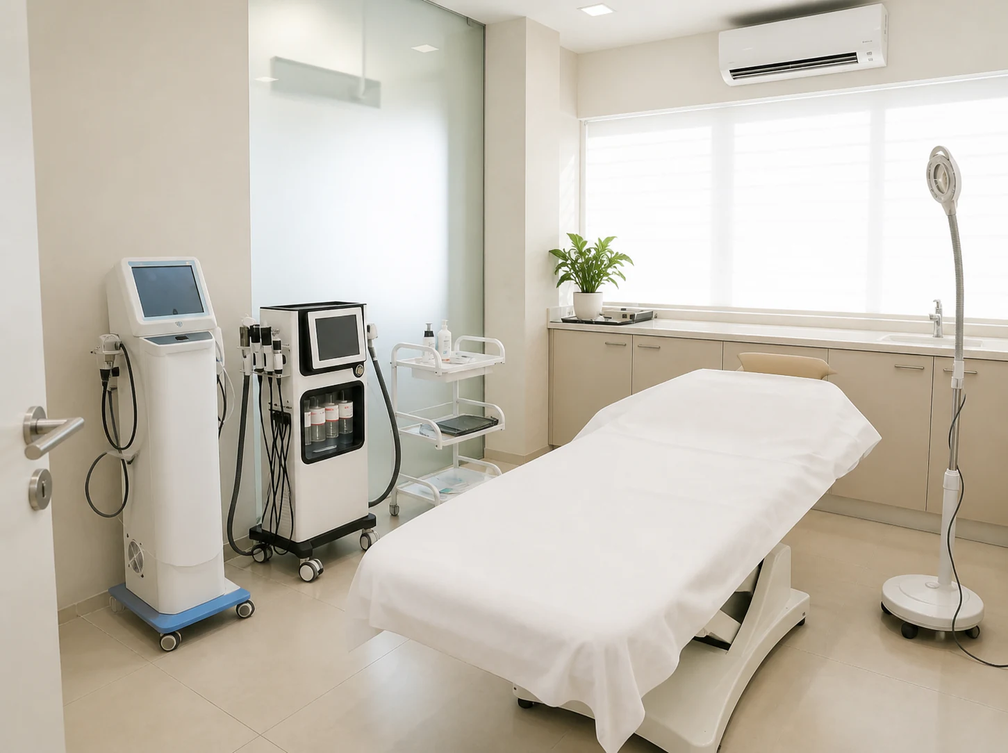 A fully equipped treatment room prepared for light-based dermatology care