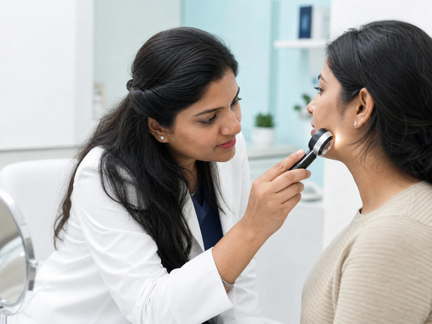 A dermatologist assessing a patient's skin before planning treatment